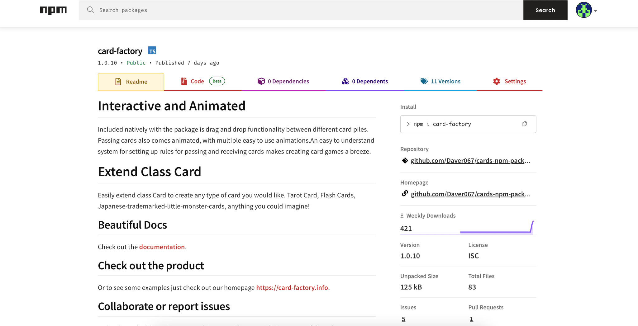 npm page for card-factory